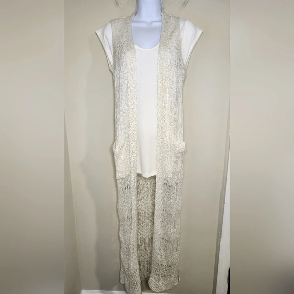 Ivory Long Line Women's Crochet Knit Cardigan Size S Boucle Open Weave Festival - Picture 1 of 8